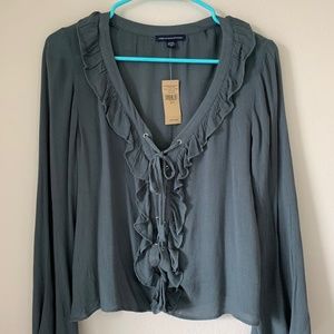 American Eagle Lace Up Long Sleeve Ruffle Dusty Teal Blouse